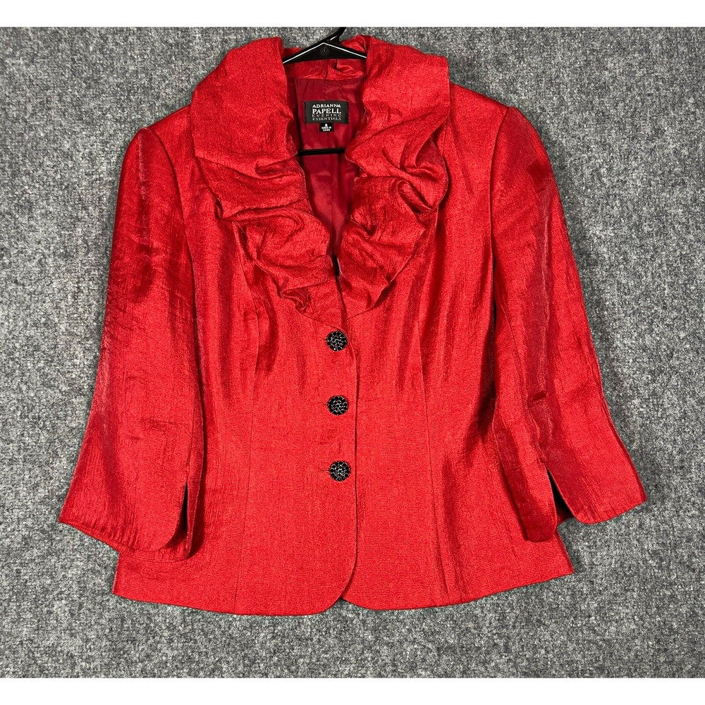 Adrianna Papell Evening Essentials Red Ruffle Button Front Collared Jacket 8